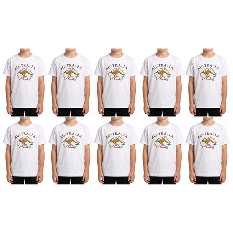 10x Kids Kangaroo Australia T-Shirt Bulk Pack - White (100% Cotton Childrens Souvenir Gift Top)