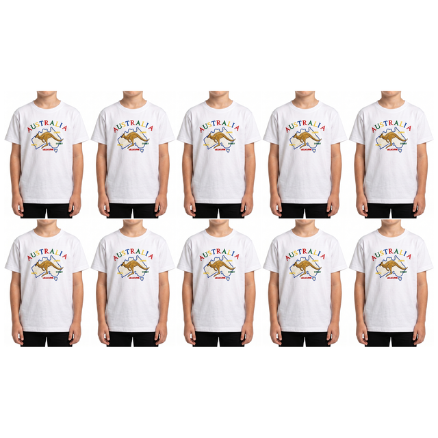 10x Kids Kangaroo Australia T-Shirt Bulk Pack - White (100% Cotton Childrens Souvenir Gift Top)
