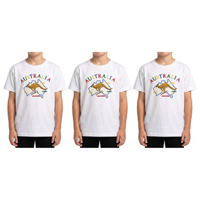 3x Kids Kangaroo Australia T-Shirt Pack - White (100% Cotton Childrens Souvenir Gift Top)
