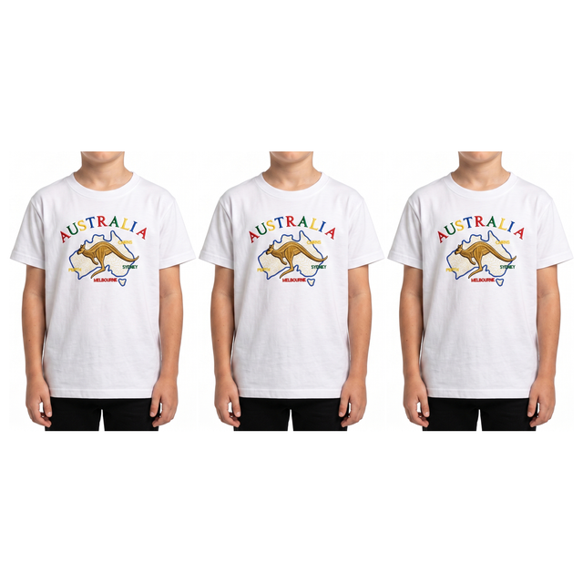 3x Kids Kangaroo Australia T-Shirt Pack - White (100% Cotton Childrens Souvenir Gift Top)