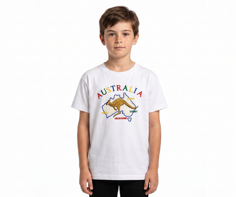 Kids Australian Souvenir Kangaroo T Shirt - White (100% Cotton Childrens Tee Top)