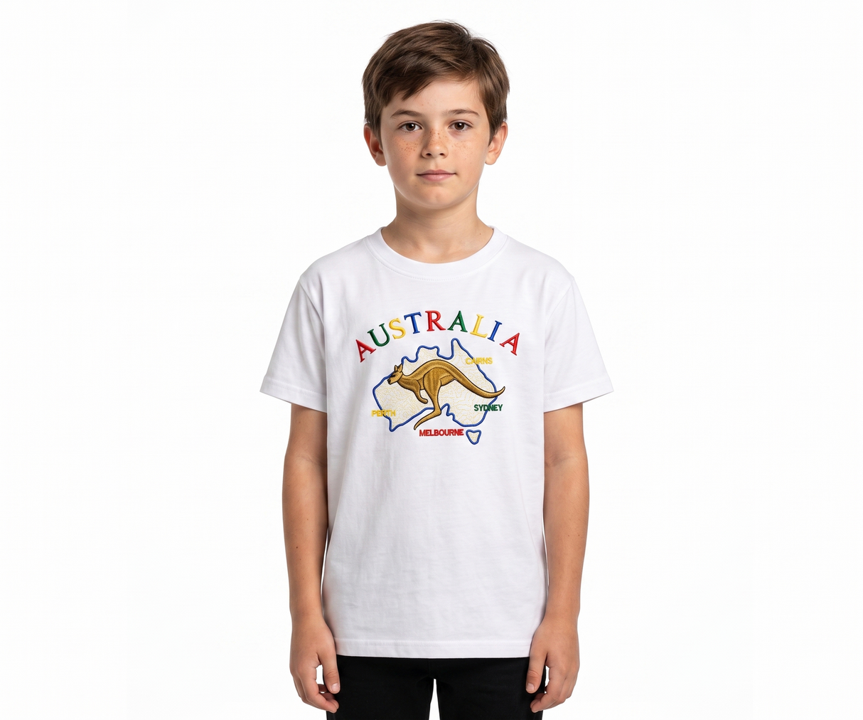 Kids Australian Souvenir Kangaroo T Shirt - White (100% Cotton Childrens Tee Top)