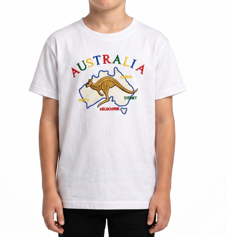 Kids Australian Souvenir Kangaroo T Shirt - White (100% Cotton Childrens Tee Top)