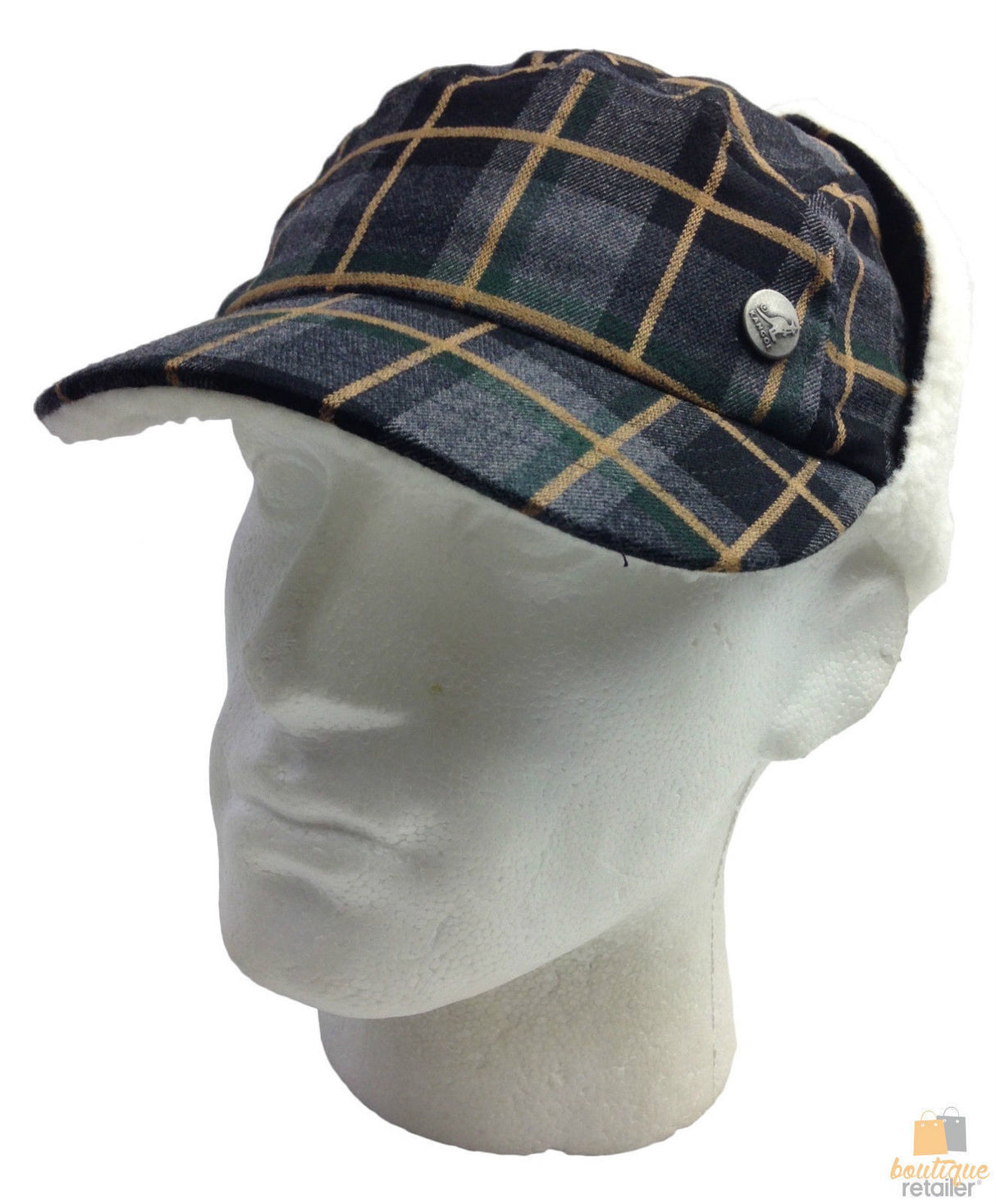 KANGOL Plaid Supre Ushanka Sherpa Chullo Lined Hat Warm Winter Ear Trapper Flying - Navy/Khaki