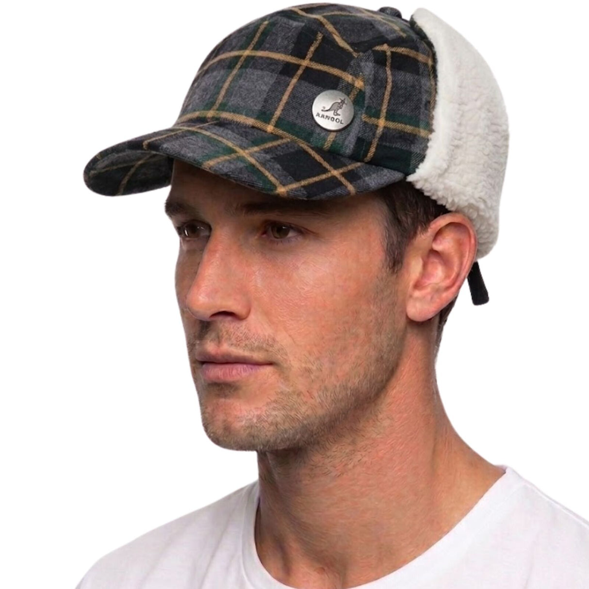 KANGOL Plaid Supre Ushanka Trapper Hat - Grey/Black (Sherpa Lined Cap w/ Ear Flaps)