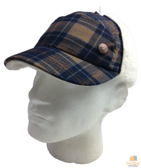KANGOL Plaid Supre Ushanka Trapper Hat - Navy/Khaki (Sherpa Lined Cap w/ Ear Flaps)