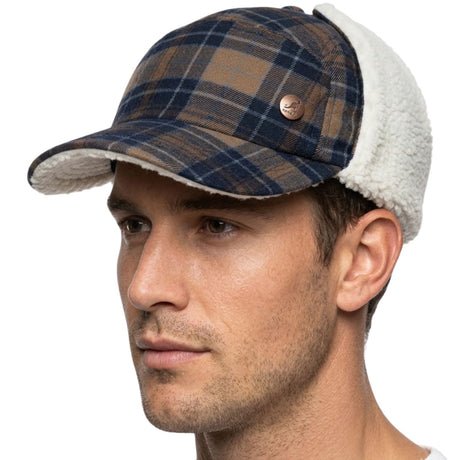 KANGOL Plaid Supre Ushanka Trapper Hat - Navy/Khaki (Sherpa Lined Cap w/ Ear Flaps)