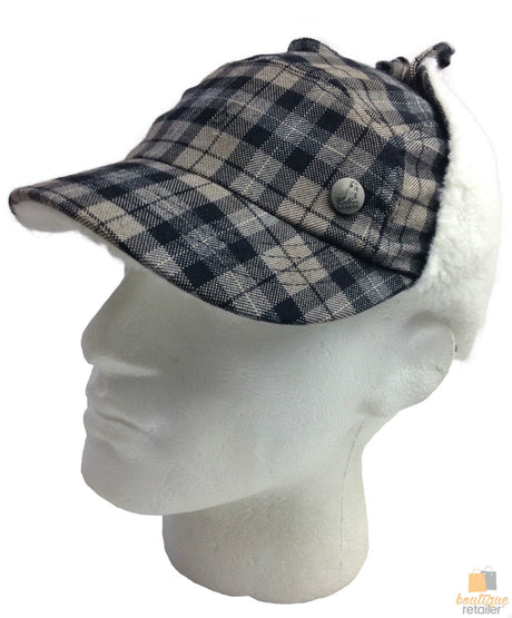 KANGOL Plaid Supre Ushanka Trapper Hat - Black/Grey (Sherpa Lined Cap w/ Ear Flaps)
