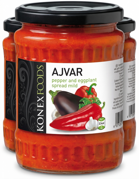 3x 350g Konex Tiva Ajvar Spread Bulk Pack - Mild Roasted Pepper Relish Dip - Product of Bulgaria