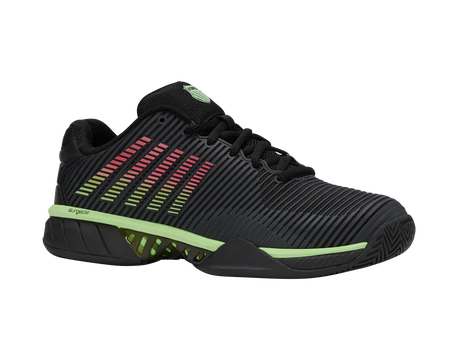 K-Swiss Mens Hypercourt Express 2 Wide 2E Tennis Shoes Durawrap CMEVA in Black/Soft Neon Green/Neon Lava