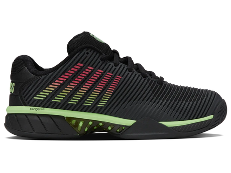 K-Swiss Mens Hypercourt Express 2 Wide 2E Tennis Shoes Durawrap CMEVA in Black/Soft Neon Green/Neon Lava - US 12