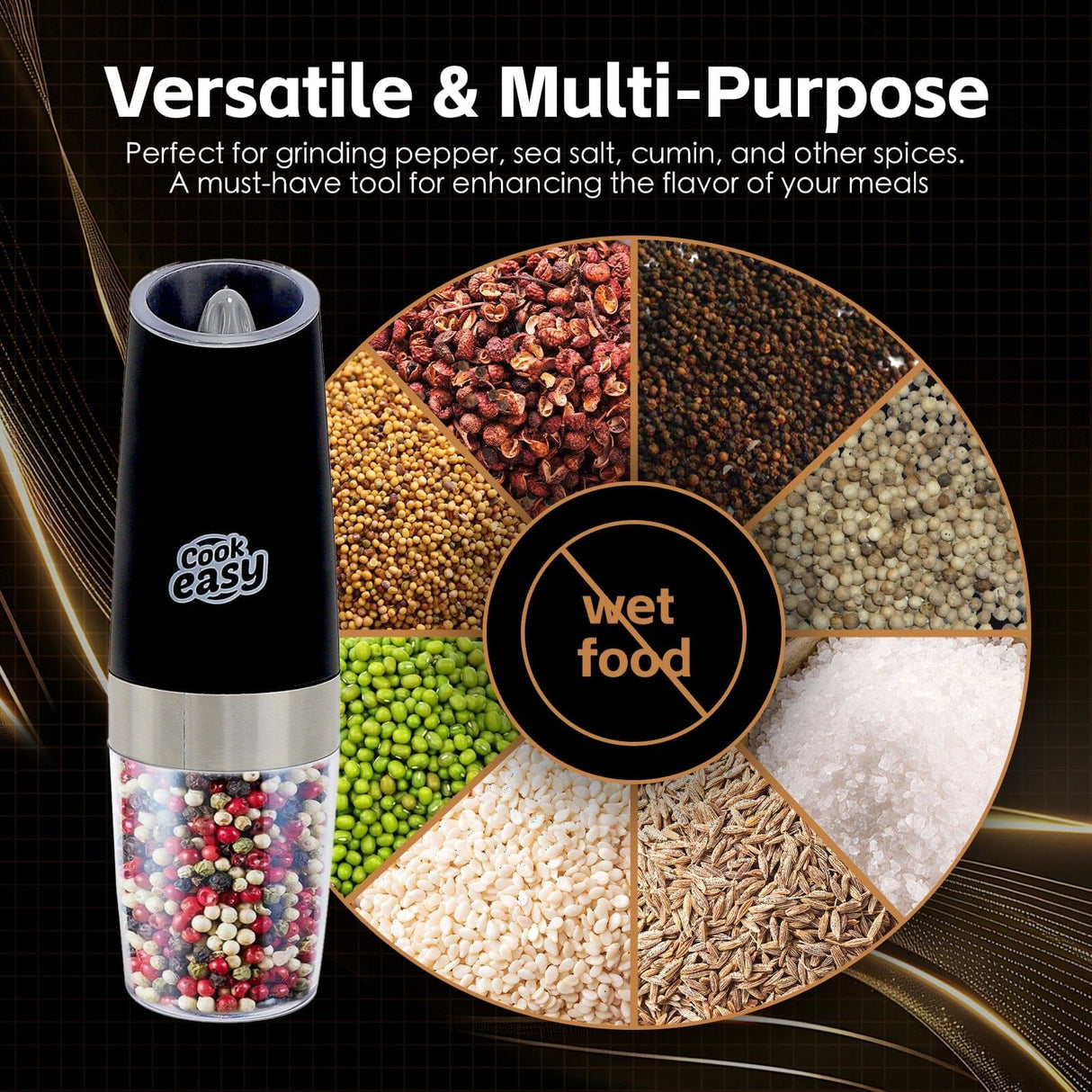 Cook Easy Electric Salt & Pepper Grinder - Gravity Sensor Refillable (Kitchen Spice Mill)