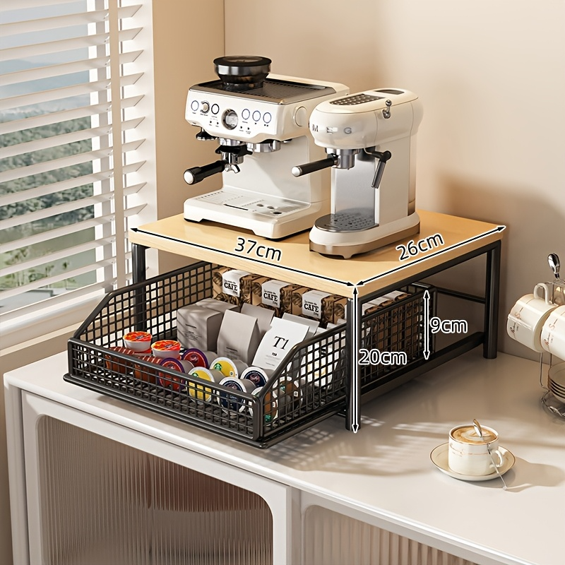 Kitchen Countertop Storage Organiser w/ Shelving Rack - Matte Black/Wood (Microwave Stand)