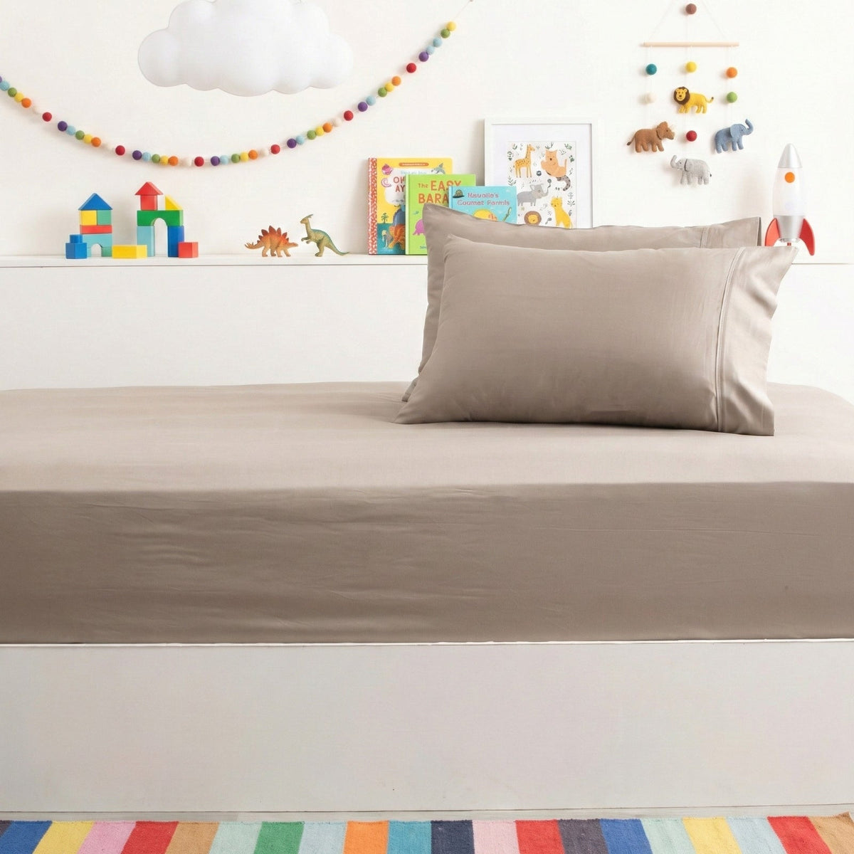 Park Avenue 500TC Natural Bamboo Cotton Kids Fitted Sheet & Pillowcase Set - Pewter (Anti-Wrinkle Satin Finish)