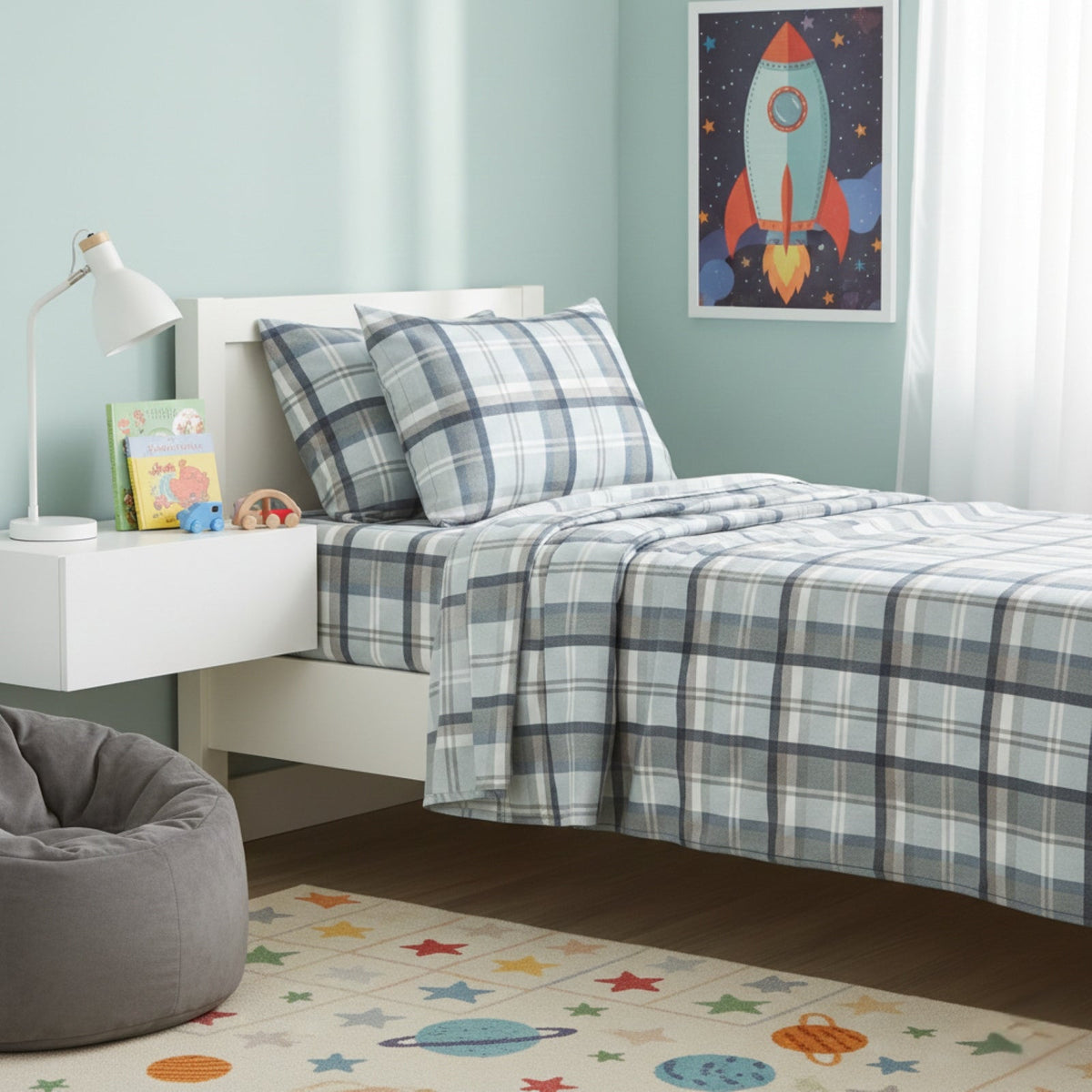 Park Avenue 175 GSM Egyptian Cotton Flannelette Kids Bed Sheet Set - Heathered Plaid