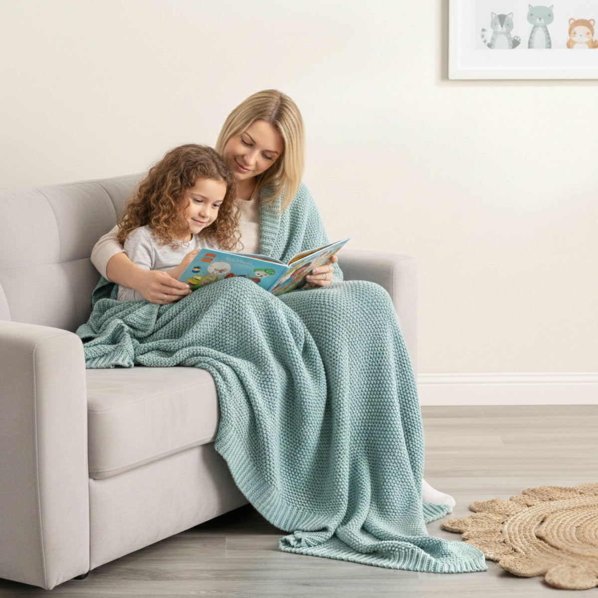 Renee Taylor Kids Moss Seed Stitch Knit Cotton Decorative Throw Blanket - French Blue (130 x 170cm)