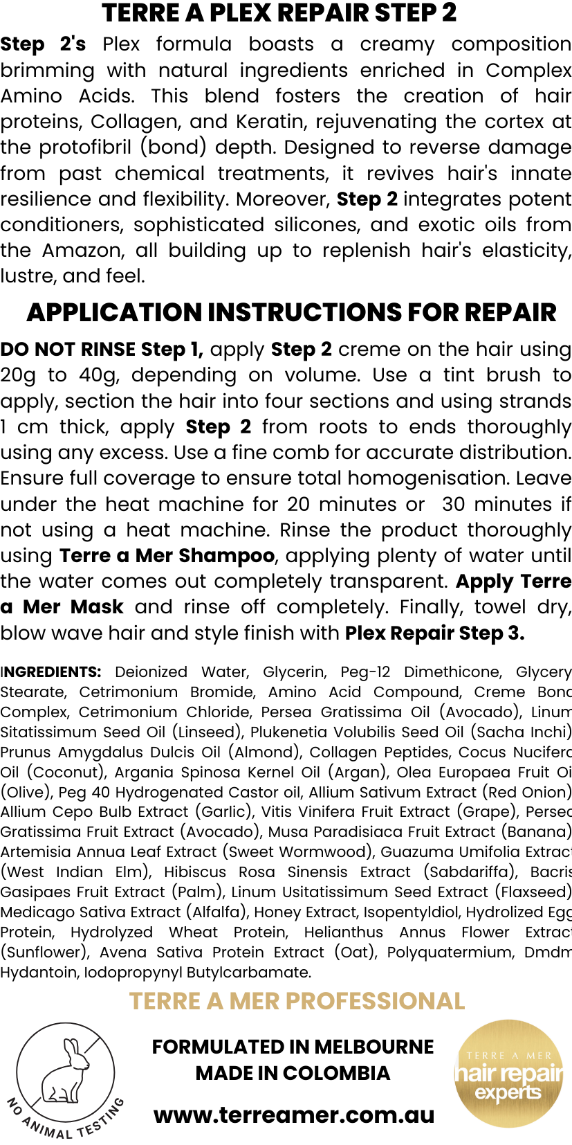terreamer Plex Repair Step 2 500ml - Hair Bond Treatment (Amino Acids, Collagen & Keratin)