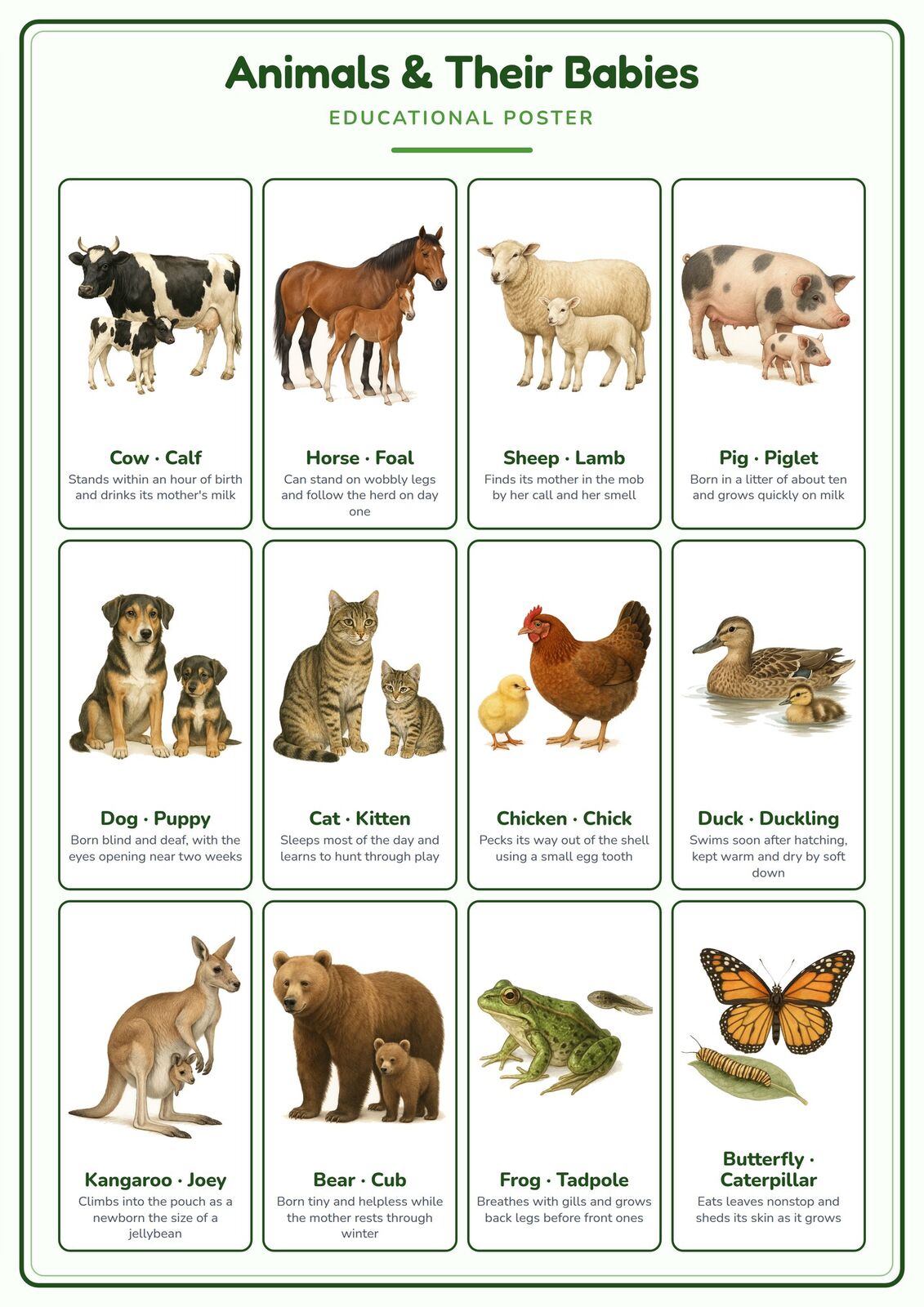 Animals & Their Babies: A4 Matte Laminated Educational Poster Print - 210x297mm