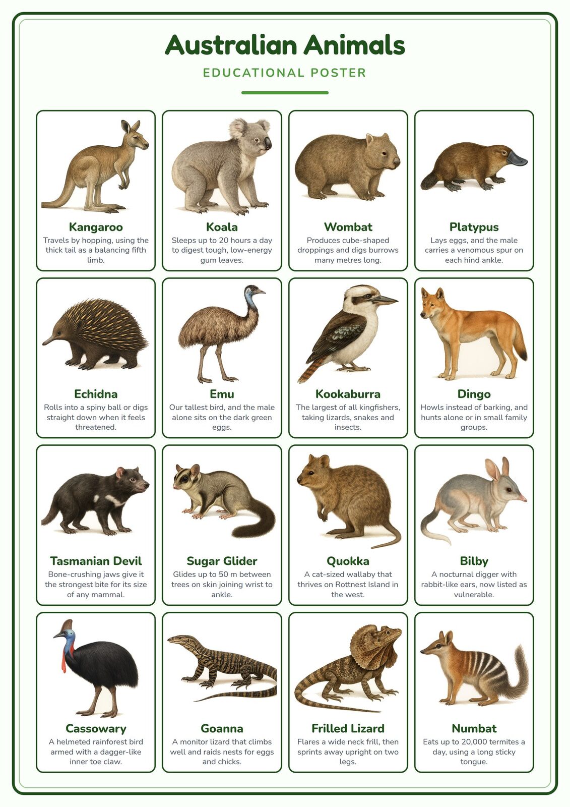 Australian Animals: A4 Matte Laminated Educational Poster Print - 210x297mm