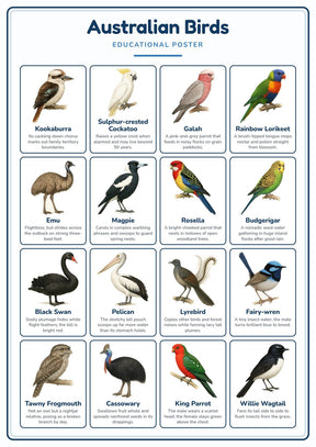 Australian Birds: A4 Matte Laminated Educational Poster Print - 210x297mm