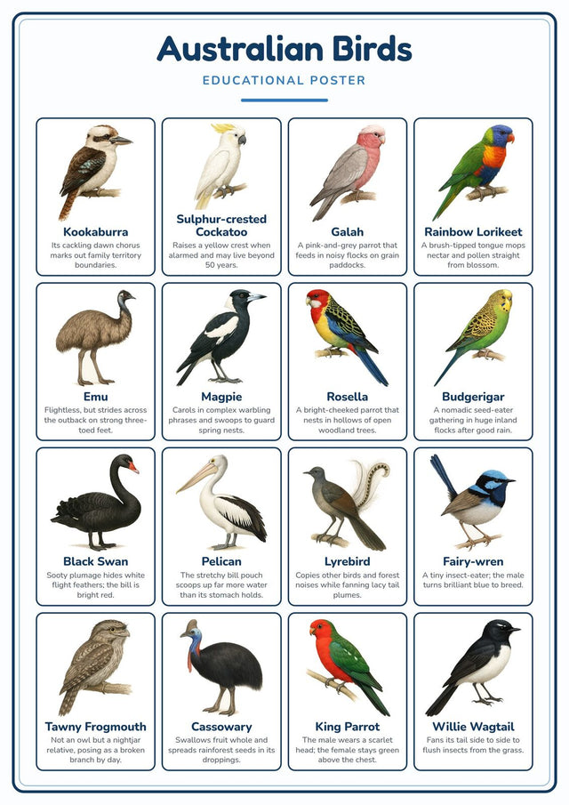 Australian Birds: A4 Matte Laminated Educational Poster Print - 210x297mm