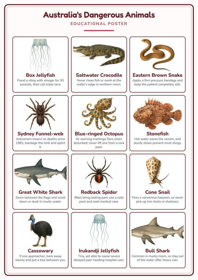 Australia's Dangerous Animals: A4 Matte Laminated Educational Poster Print - 210x297mm