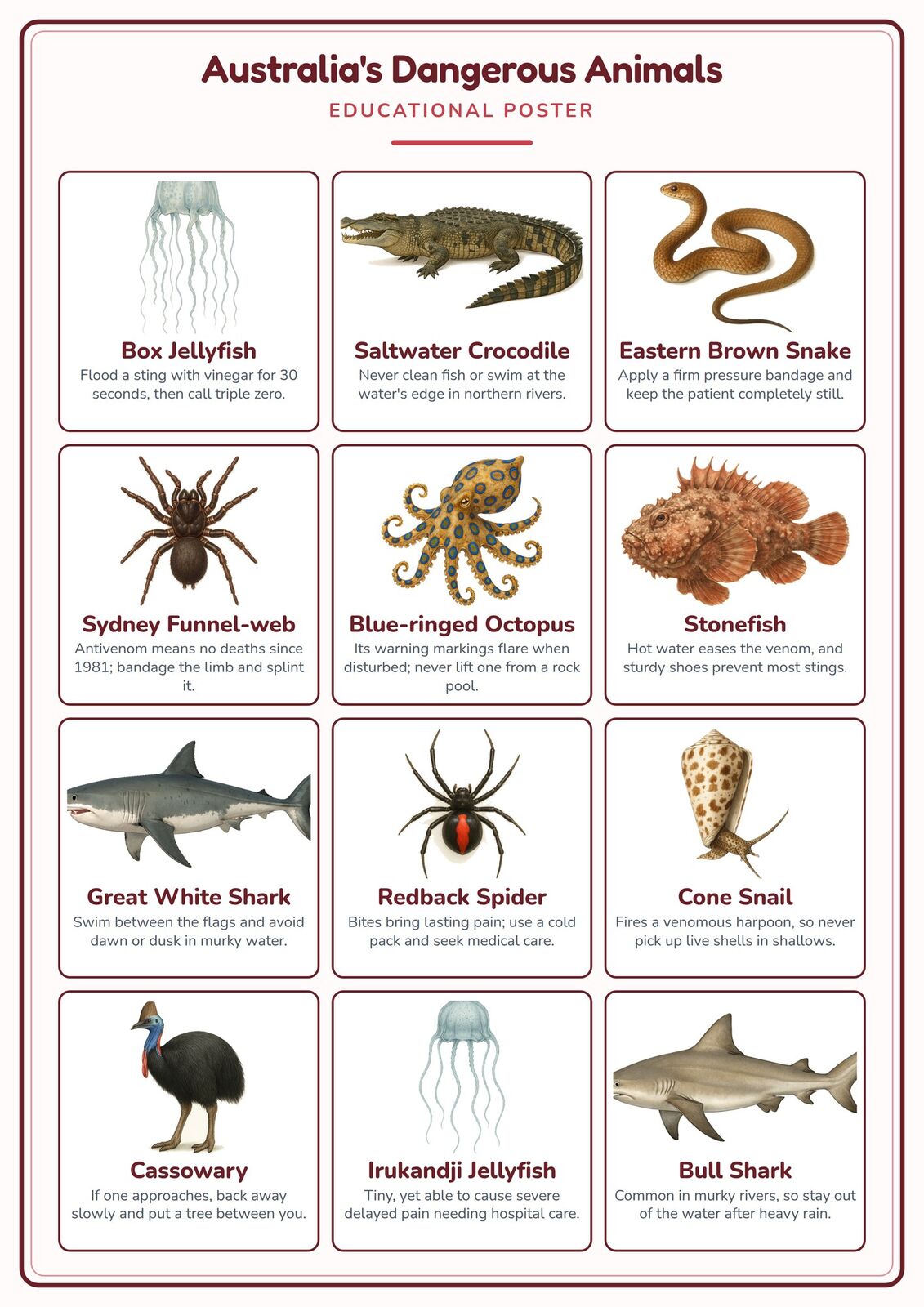 Australia's Dangerous Animals: A4 Matte Laminated Educational Poster Print - 210x297mm
