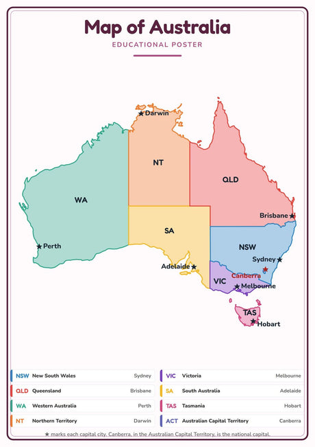 Map of Australia: A4 Matte Laminated Educational Poster Print - 210x297mm