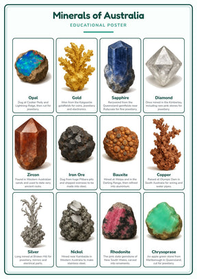 Minerals of Australia: A4 Matte Laminated Educational Poster Print - 210x297mm