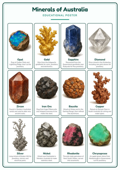 Minerals of Australia: A4 Matte Laminated Educational Poster Print - 210x297mm