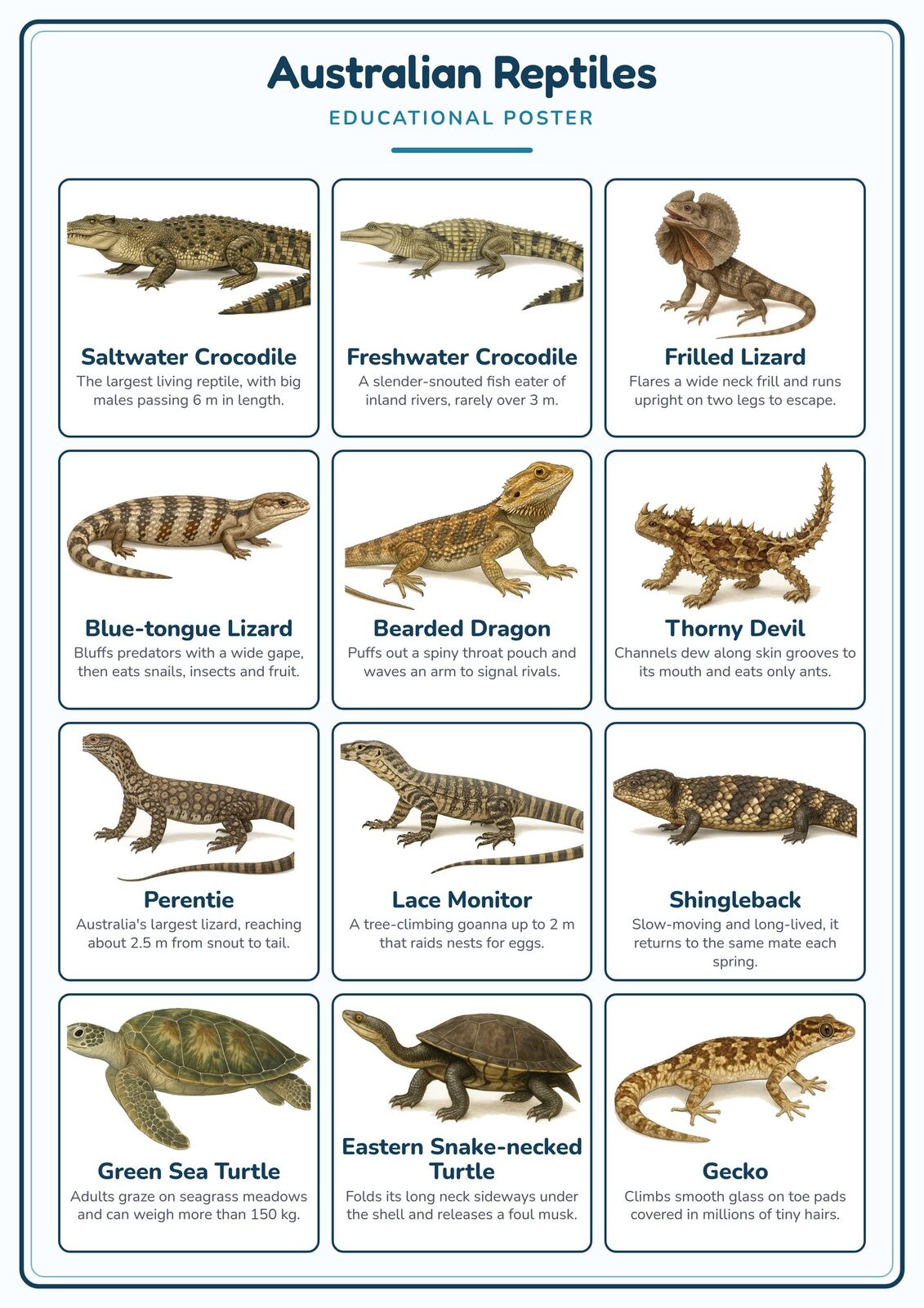 Australian Reptiles: A4 Matte Laminated Educational Poster Print - 210x297mm
