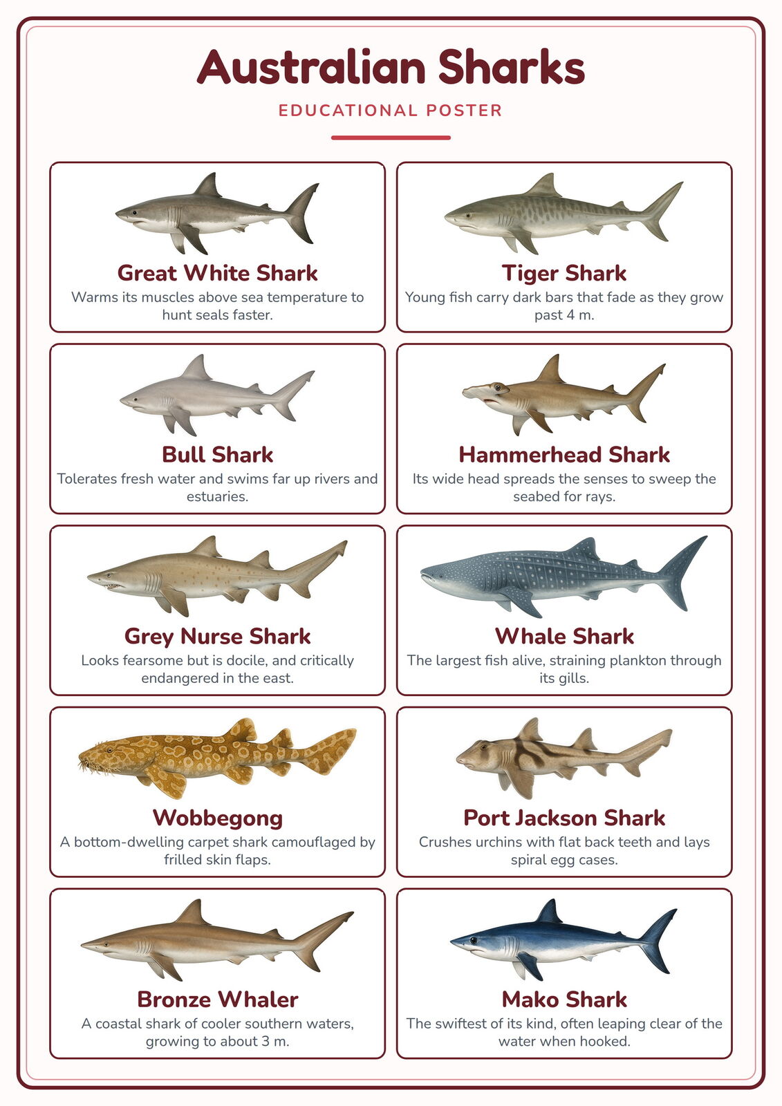 Australian Sharks: A4 Matte Laminated Educational Poster Print - 210x297mm