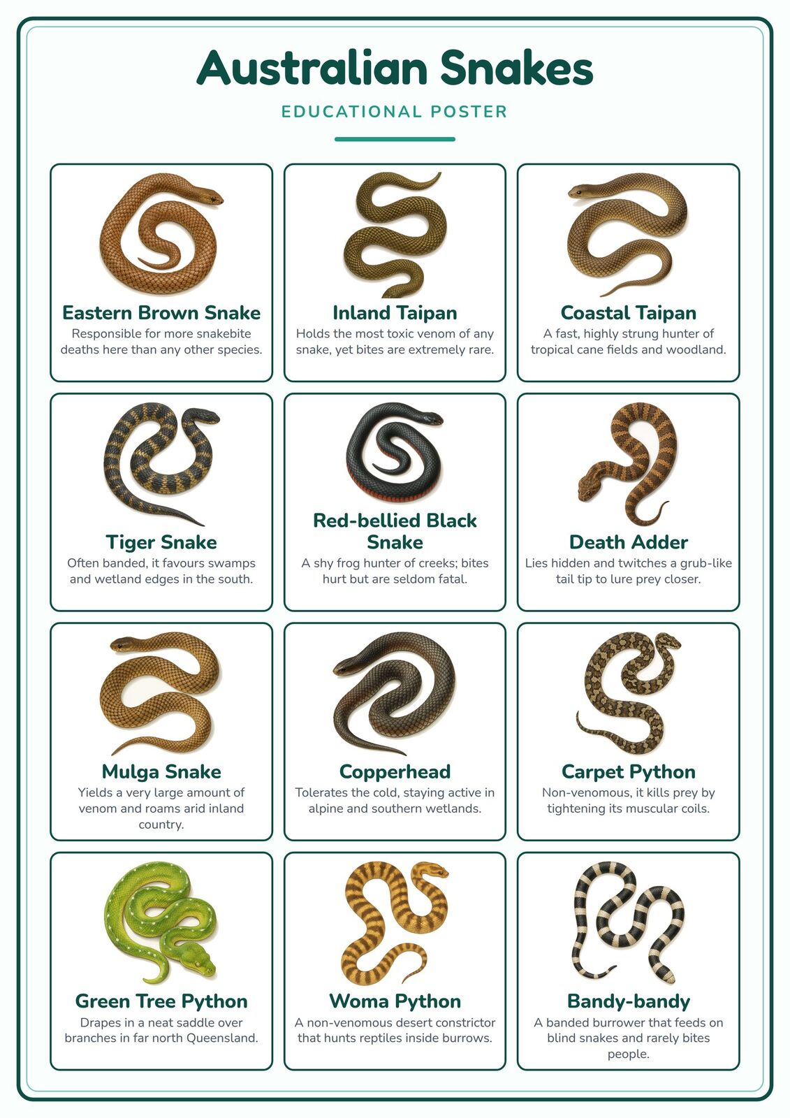Australian Snakes: A4 Matte Laminated Educational Poster Print - 210x297mm