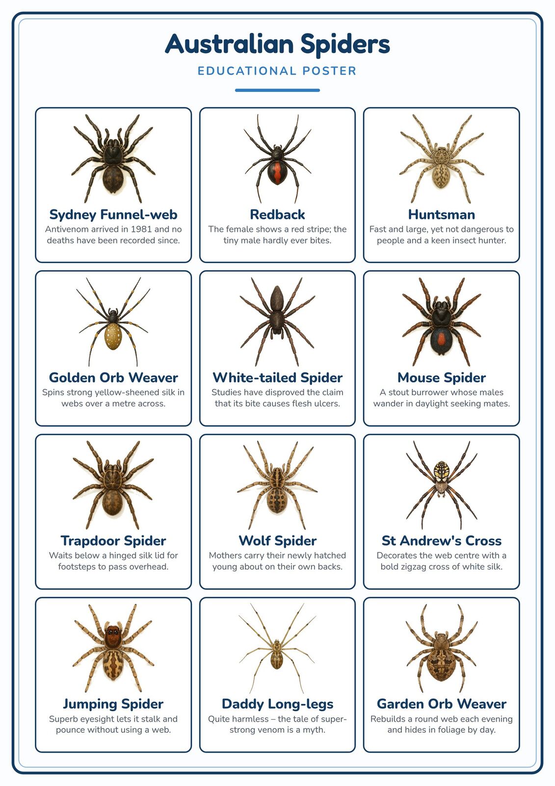 Australian Spiders: A4 Matte Laminated Educational Poster Print - 210x297mm