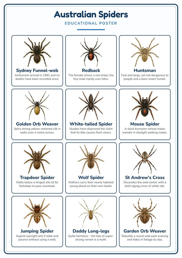 Australian Spiders: A4 Matte Laminated Educational Poster Print - 210x297mm