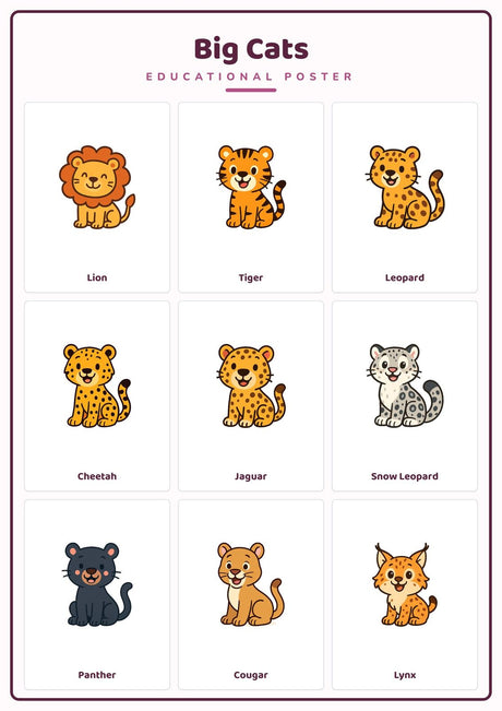 Big Cats: A4 Matte Laminated Educational Poster Print - 210x297mm