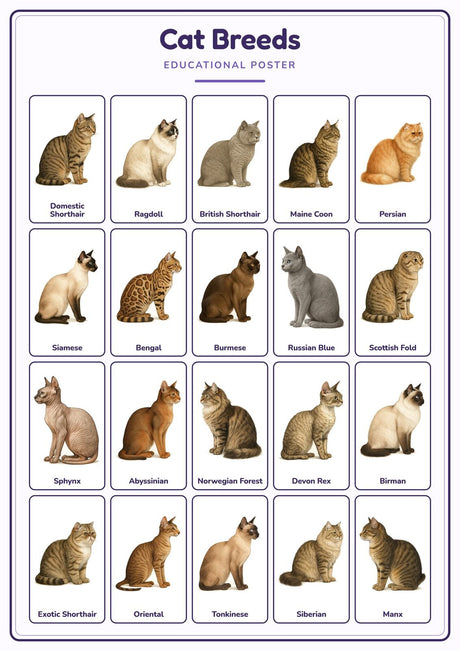 4-Pack Pet & Animal Breeds Educational Posters Set - A4 Matte Laminated Prints (210x297mm)
