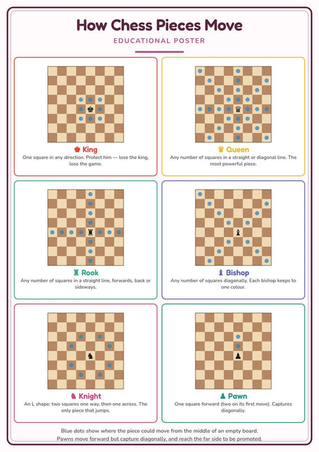 How Chess Pieces Move: A4 Matte Laminated Educational Poster Print - 210x297mm