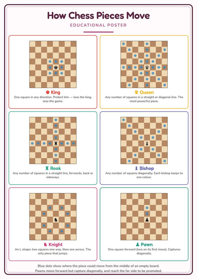 How Chess Pieces Move: A4 Matte Laminated Educational Poster Print - 210x297mm