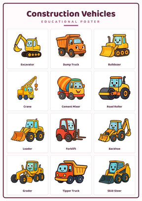 Construction Vehicles: A4 Matte Laminated Educational Poster Print - 210x297mm