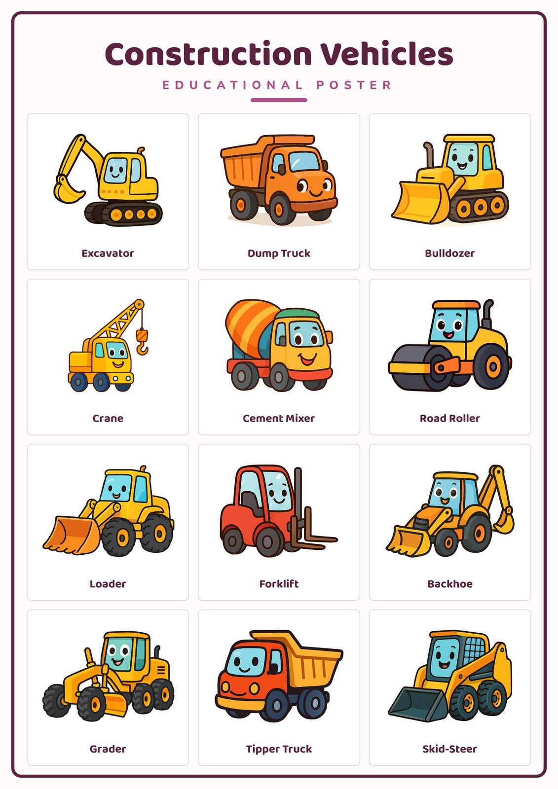 Construction Vehicles: A4 Matte Laminated Educational Poster Print - 210x297mm