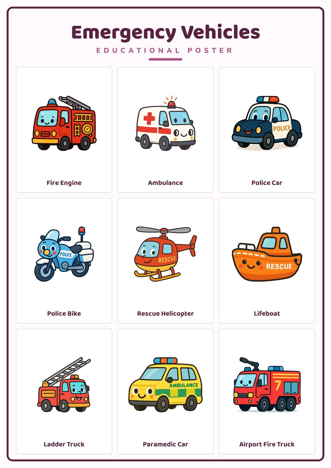 Emergency Vehicles: A4 Matte Laminated Educational Poster Print - 210x297mm