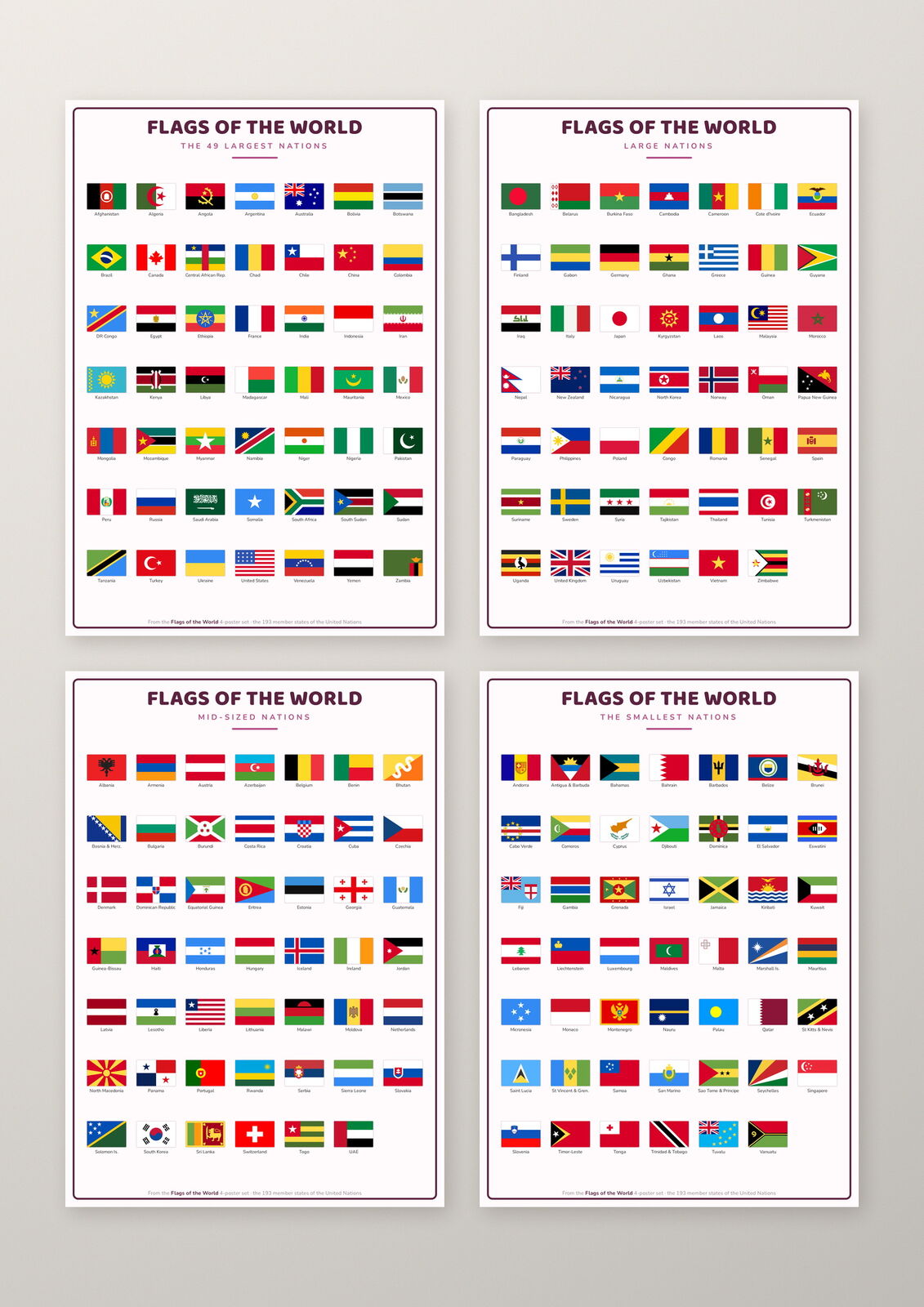 Flags of the World 193 Countries 4 Poster Set: A4 Matte Laminated Educational Poster Print - 210x297mm