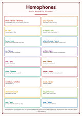 Homophones: A4 Matte Laminated Educational Poster Print - 210x297mm