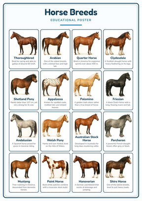 Horse Breeds: A4 Matte Laminated Educational Poster Print - 210x297mm