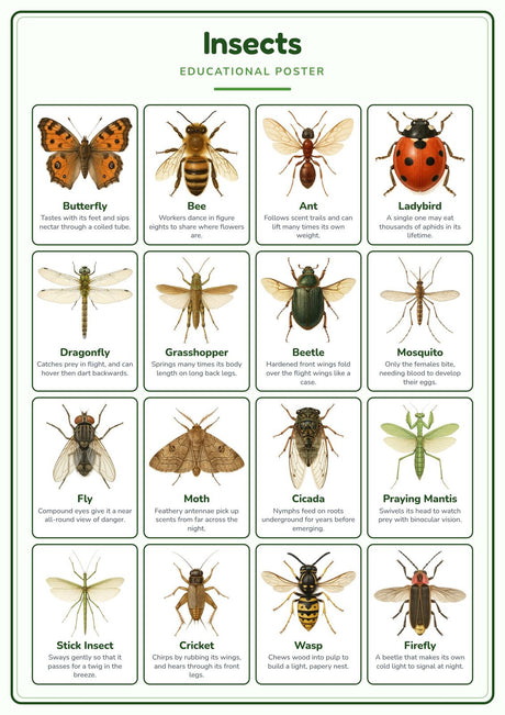 Insects: A4 Matte Laminated Educational Poster Print - 210x297mm