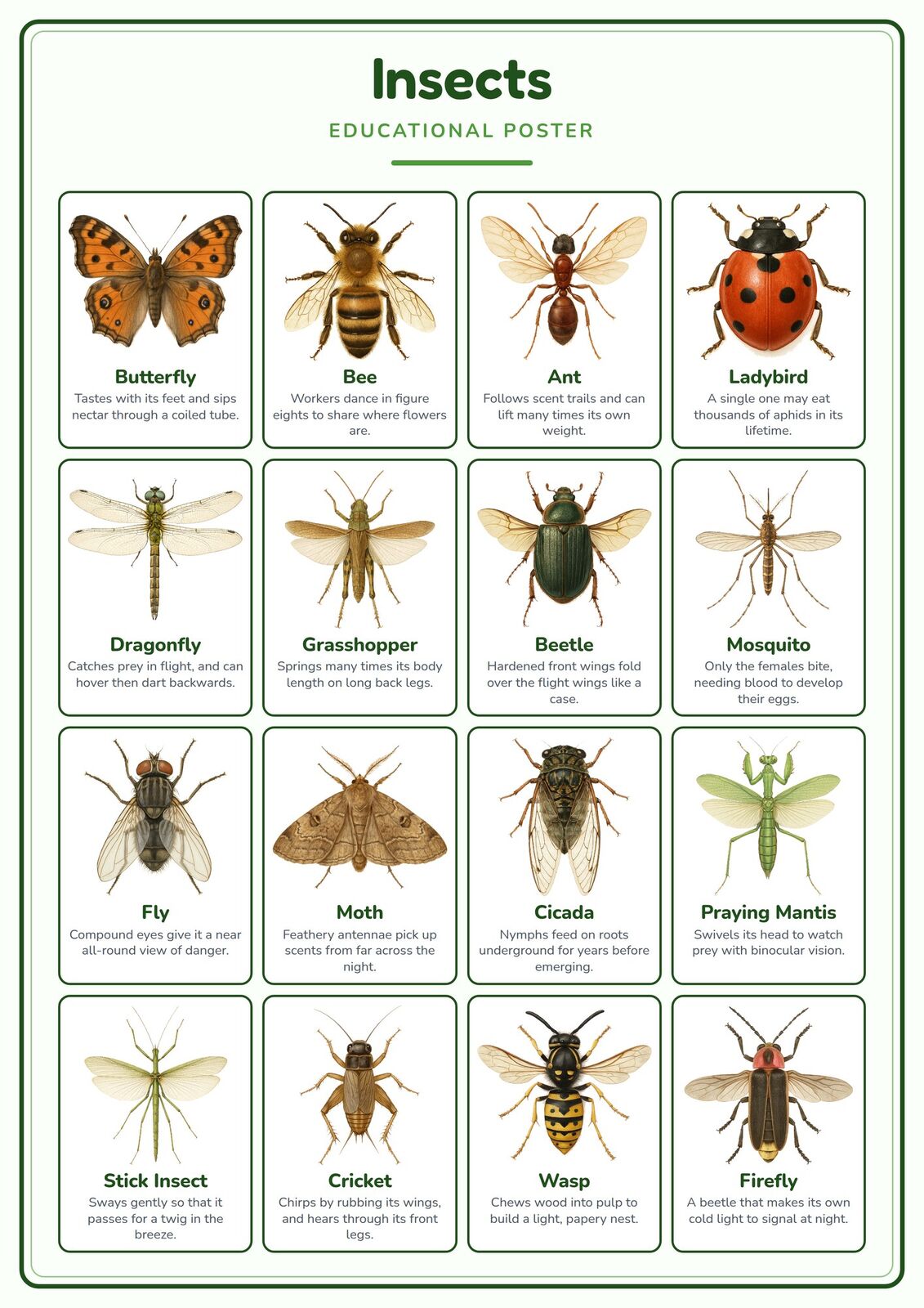 Insects: A4 Matte Laminated Educational Poster Print - 210x297mm
