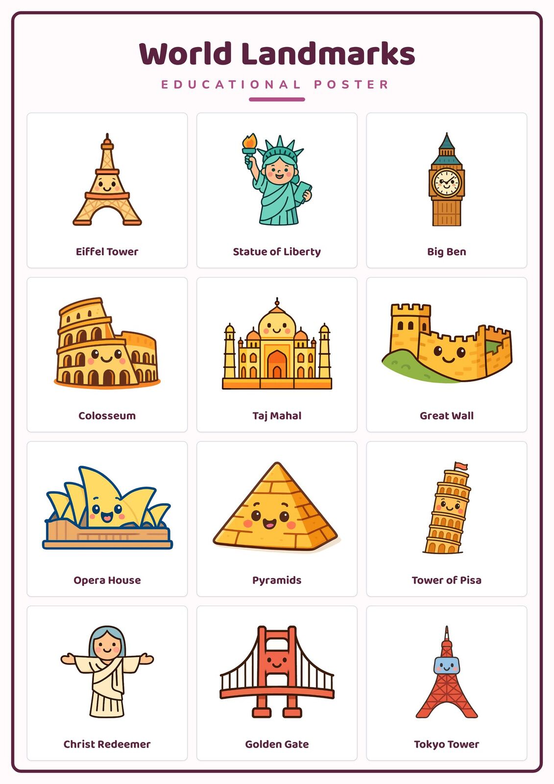 World Landmarks: A4 Matte Laminated Educational Poster Print - 210x297mm