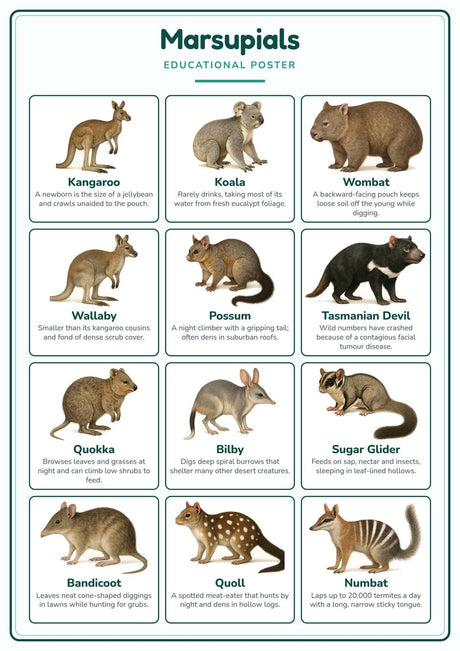 10-Pack Australian Wildlife Educational Posters Set - A4 Matte Laminated Prints (210x297mm)