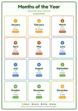 Months of the Year: A4 Matte Laminated Educational Poster Print - 210x297mm